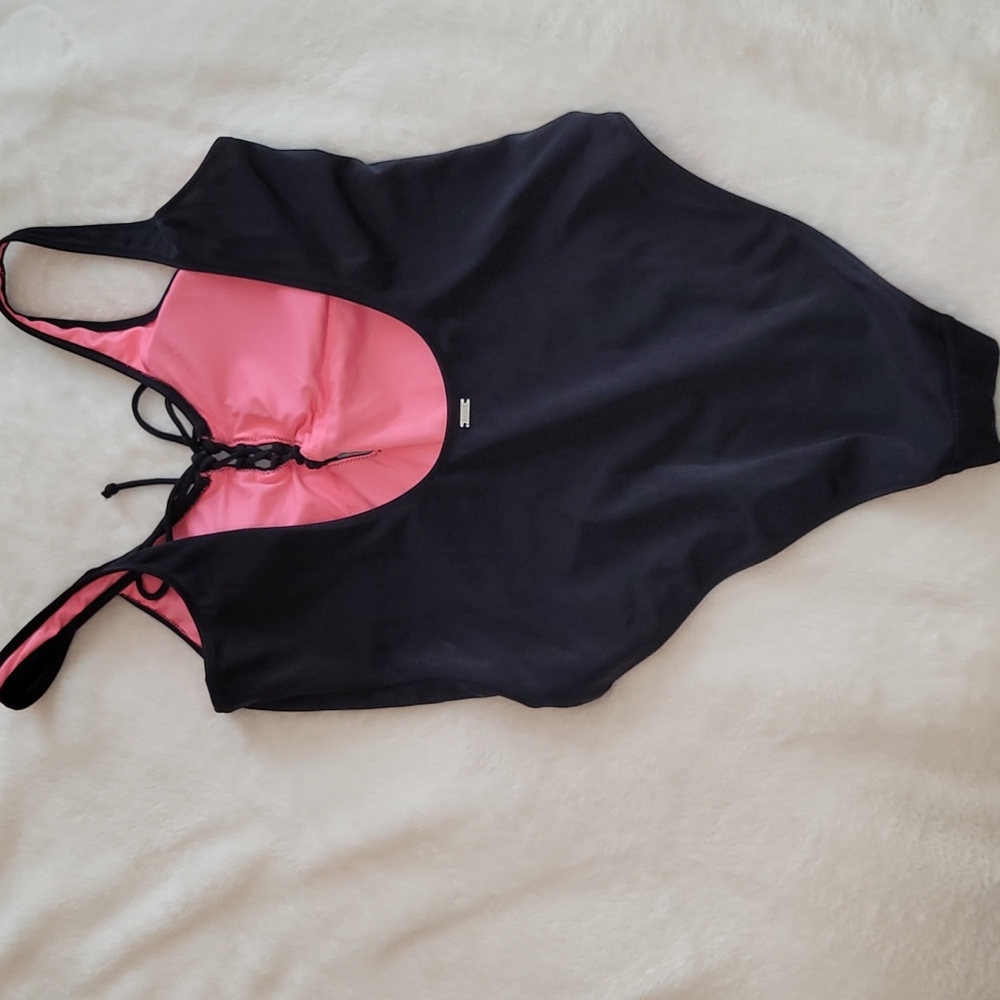 Pink Victoria’s Secret Black Tie Front One Piece Swimsuit Size Medium - Picture 7 of 11